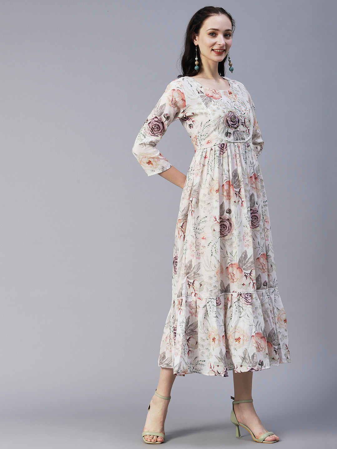 Floral Printed Beads & Resham Embroidered Pleated Maxi Dress - White