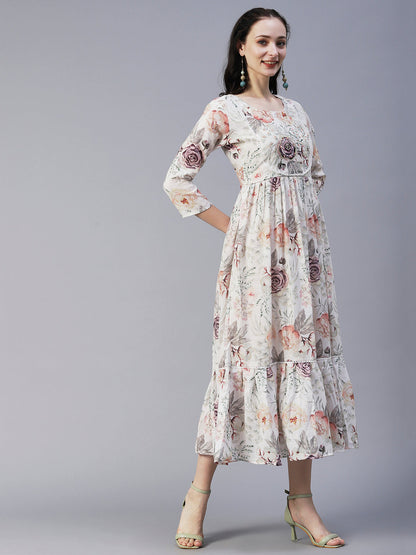 Floral Printed Beads & Resham Embroidered Pleated Maxi Dress - White