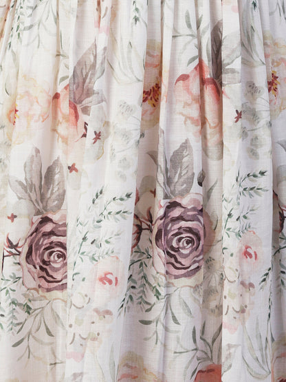 Floral Printed Beads & Resham Embroidered Pleated Maxi Dress - White