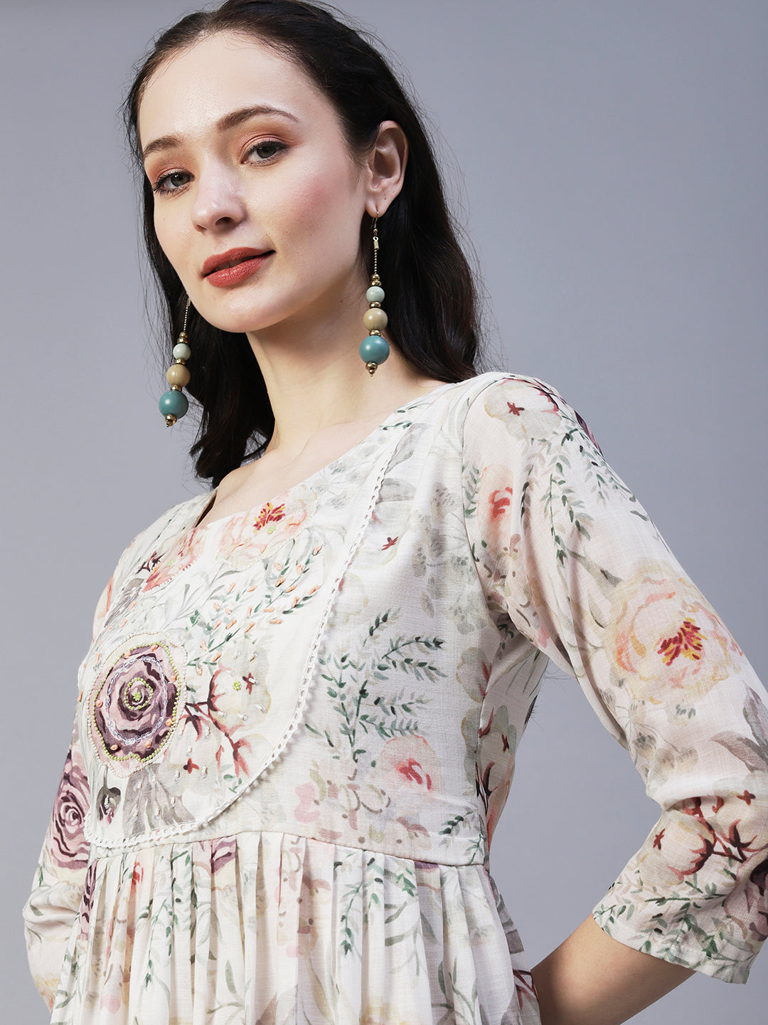Floral Printed Beads & Resham Embroidered Pleated Maxi Dress - White