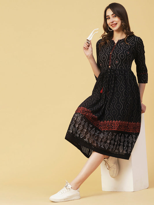 Ethnic Printed & Embroidered Fit & Flare Midi Dress - Deep Navy Blue