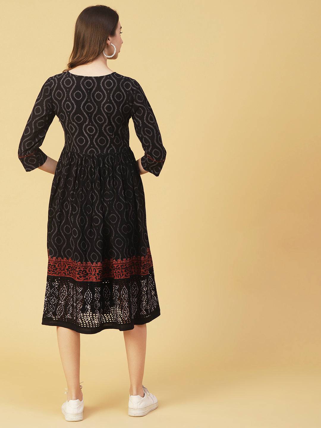 Ethnic Printed & Embroidered Fit & Flare Midi Dress - Deep Navy Blue