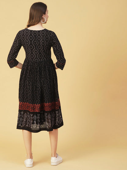 Ethnic Printed & Embroidered Fit & Flare Midi Dress - Deep Navy Blue