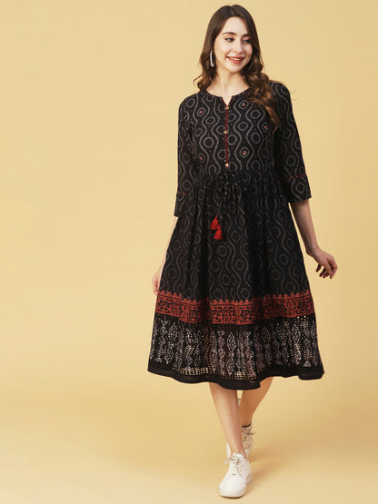 Ethnic Printed & Embroidered Fit & Flare Midi Dress - Deep Navy Blue