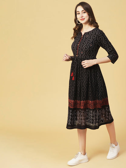 Ethnic Printed & Embroidered Fit & Flare Midi Dress - Deep Navy Blue