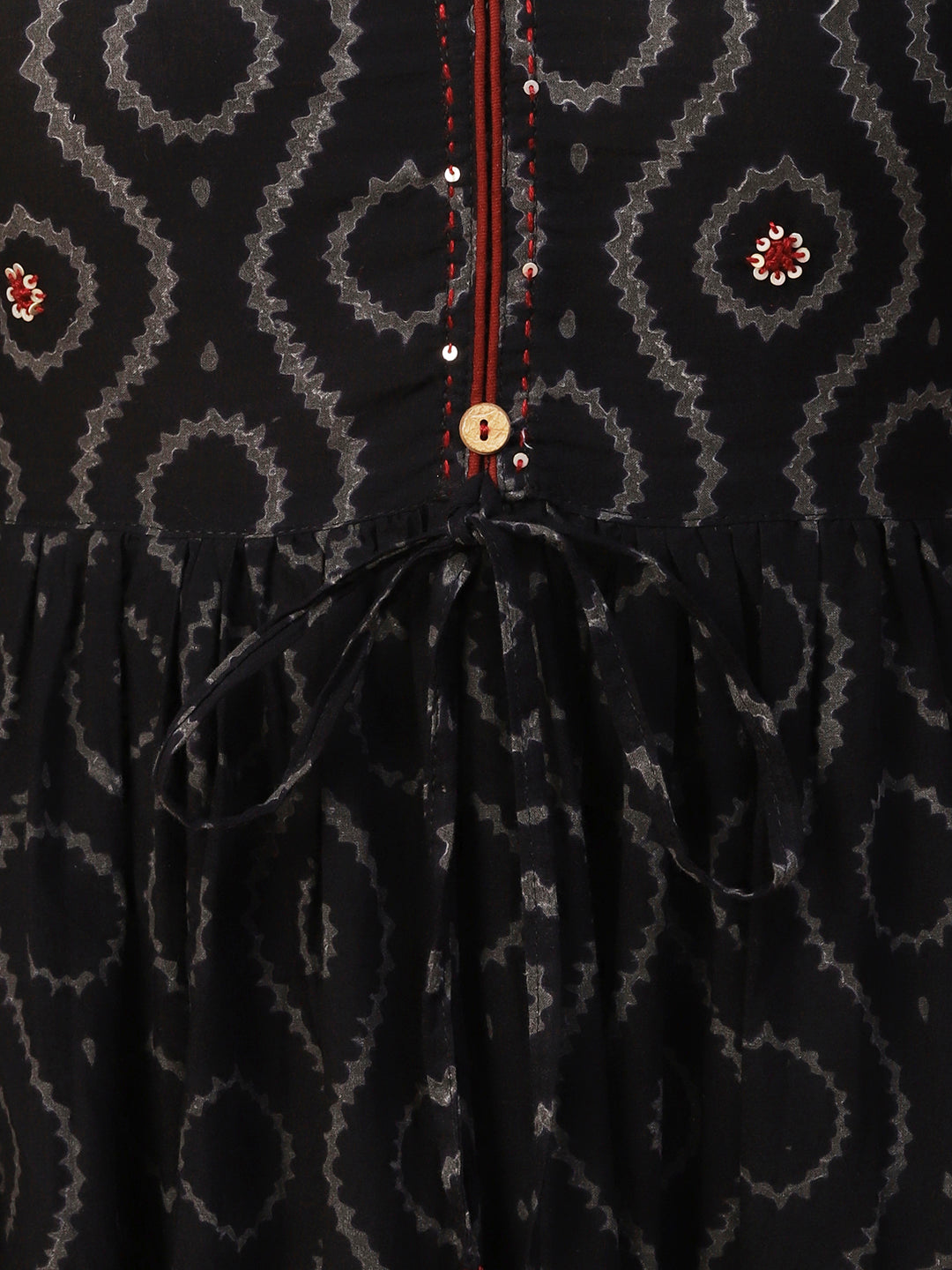 Ethnic Printed & Embroidered Fit & Flare Midi Dress - Deep Navy Blue