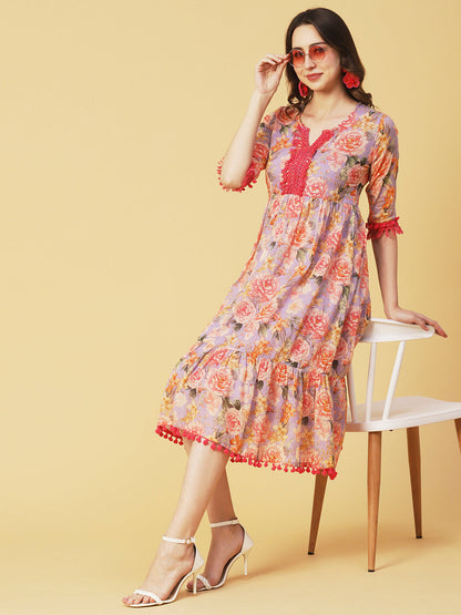 Floral Printed Fringed Lace & Pompom Lace Embellished Tiered Midi Dress - Multi