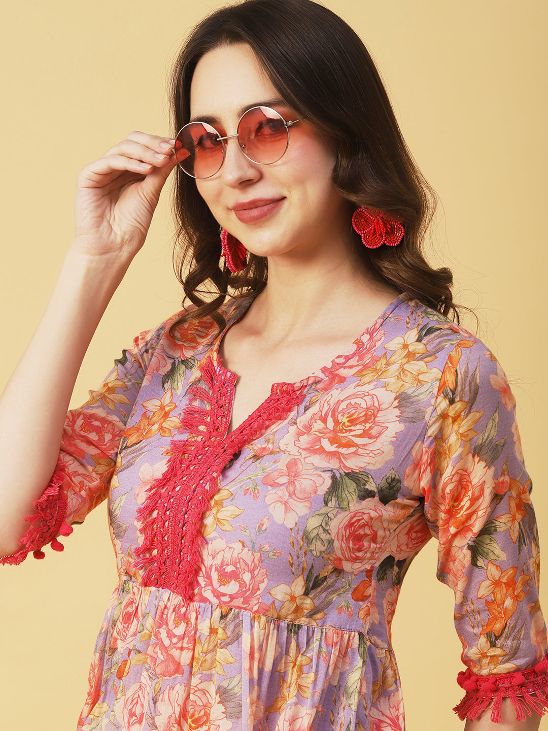 Floral Printed Fringed Lace & Pompom Lace Embellished Tiered Midi Dress - Multi