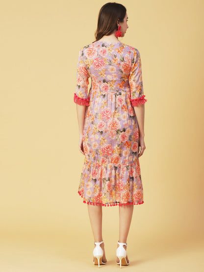 Floral Printed Fringed Lace & Pompom Lace Embellished Tiered Midi Dress - Multi