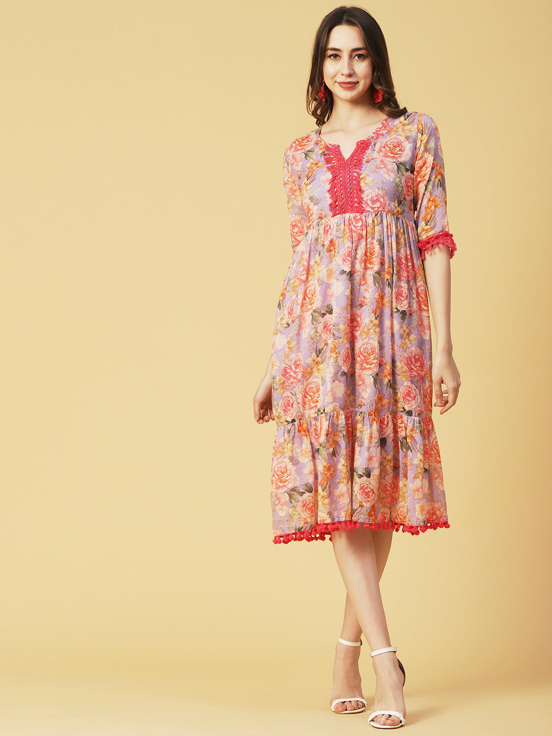 Floral Printed Fringed Lace & Pompom Lace Embellished Tiered Midi Dress - Multi