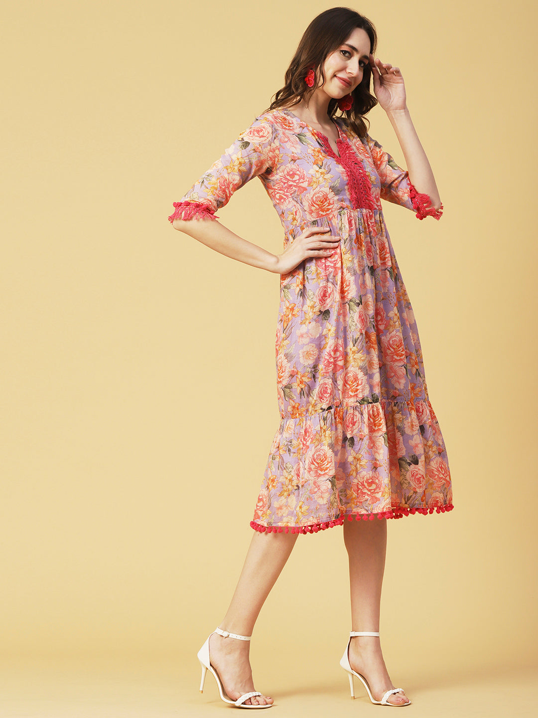 Floral Printed Fringed Lace & Pompom Lace Embellished Tiered Midi Dress - Multi