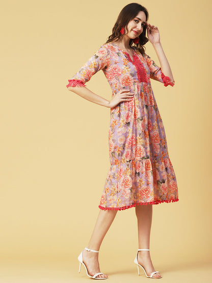 Floral Printed Fringed Lace & Pompom Lace Embellished Tiered Midi Dress - Multi
