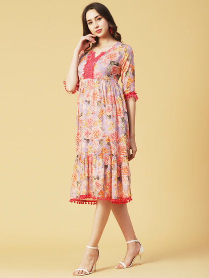 Floral Printed Fringed Lace & Pompom Lace Embellished Tiered Midi Dress - Multi