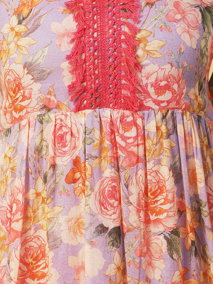 Floral Printed Fringed Lace & Pompom Lace Embellished Tiered Midi Dress - Multi