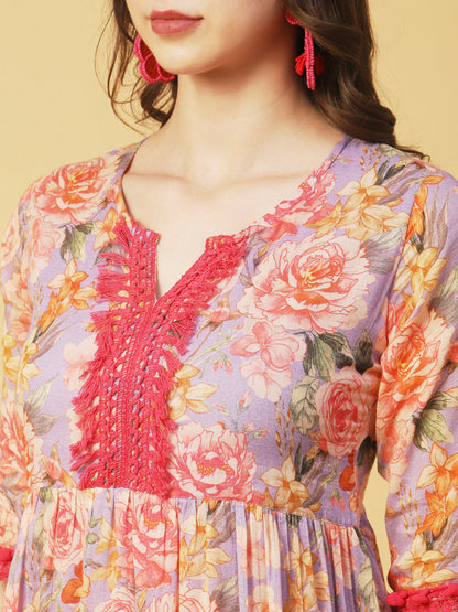 Floral Printed Fringed Lace & Pompom Lace Embellished Tiered Midi Dress - Multi