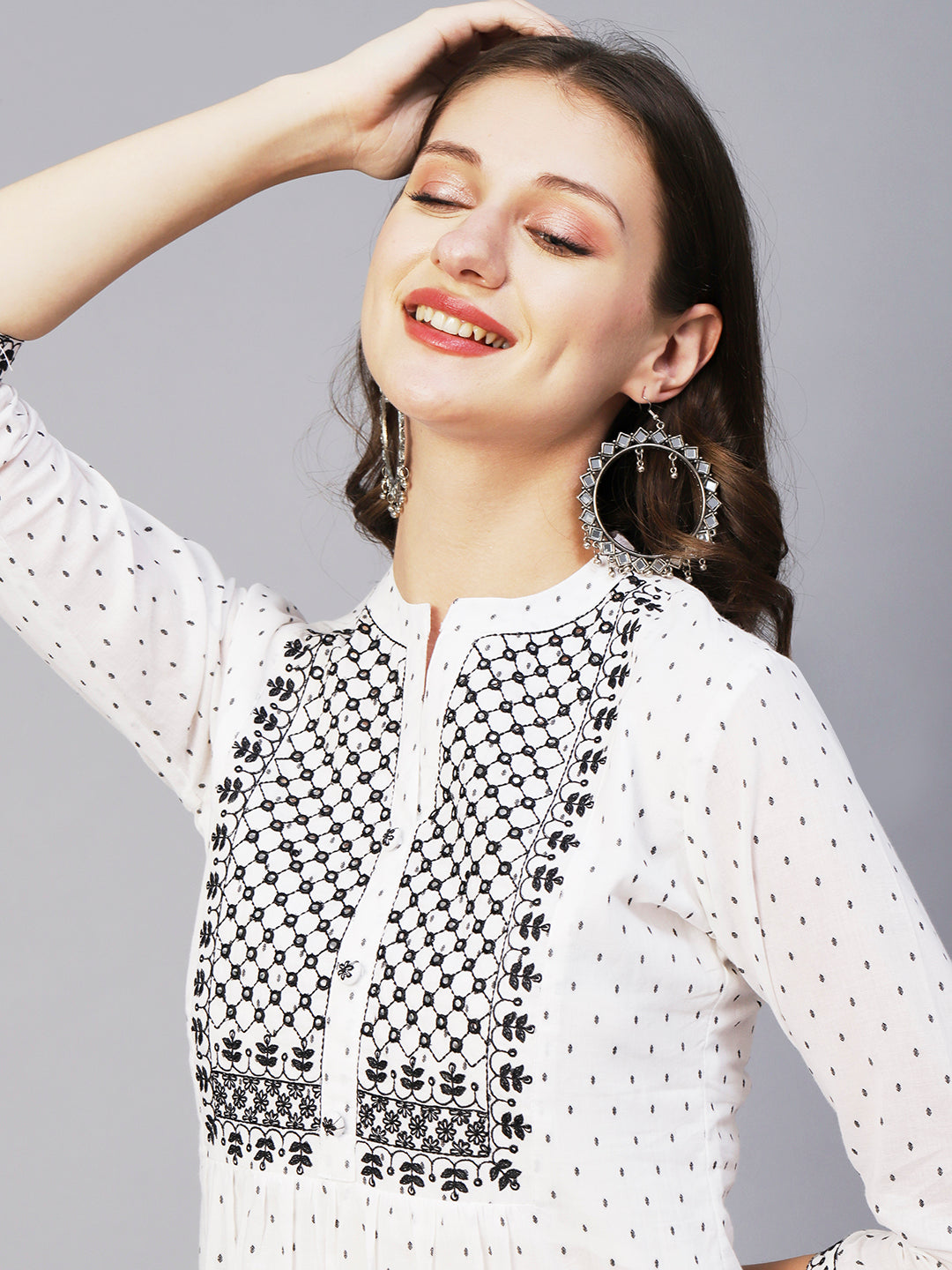 Woven Geometric Buti Design Resham & Mirror Embroidered Short Kurti - White