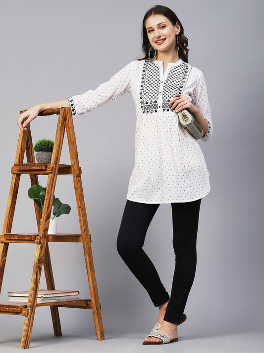 Woven Geometric Buti Design Resham & Mirror Embroidered Short Kurti - White