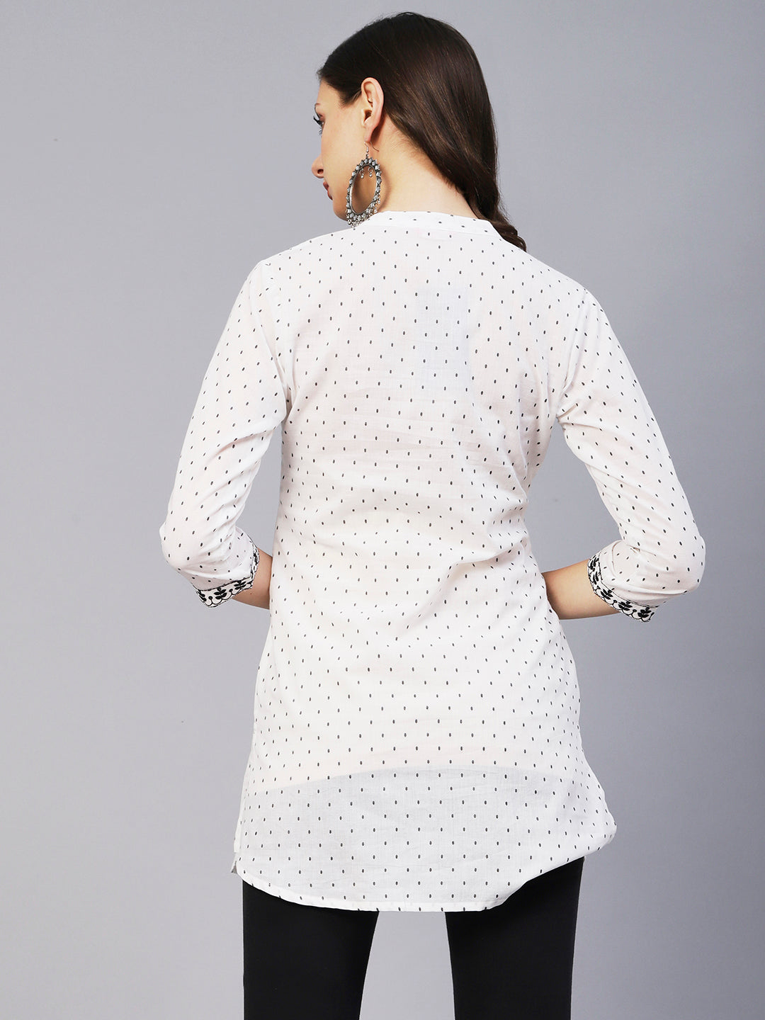 Woven Geometric Buti Design Resham & Mirror Embroidered Short Kurti - White