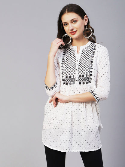 Woven Geometric Buti Design Resham & Mirror Embroidered Short Kurti - White
