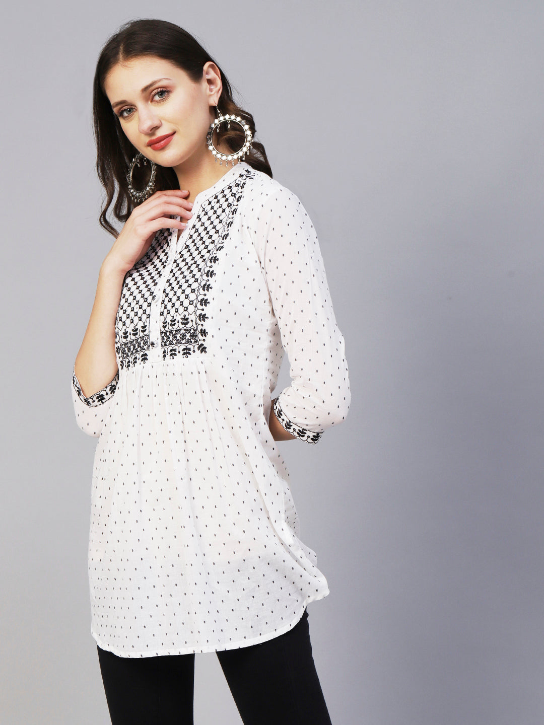 Woven Geometric Buti Design Resham & Mirror Embroidered Short Kurti - White