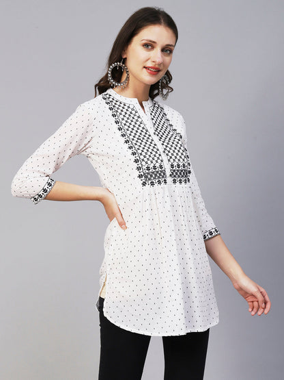 Woven Geometric Buti Design Resham & Mirror Embroidered Short Kurti - White