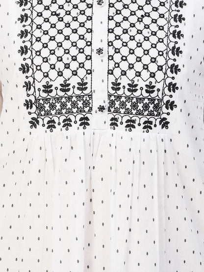 Woven Geometric Buti Design Resham & Mirror Embroidered Short Kurti - White