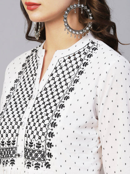 Woven Geometric Buti Design Resham & Mirror Embroidered Short Kurti - White
