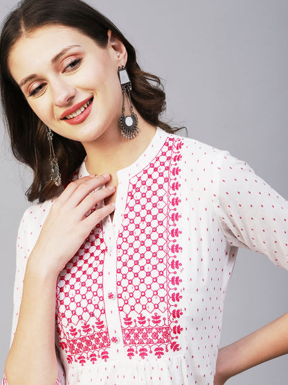 Woven Geometric Buti Design Resham & Mirror Embroidered Short Kurti - White & Pink