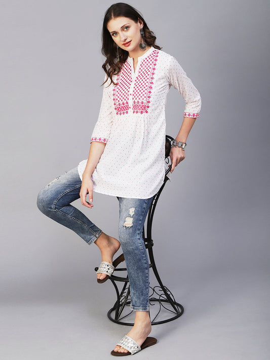 Woven Geometric Buti Design Resham & Mirror Embroidered Short Kurti - White & Pink