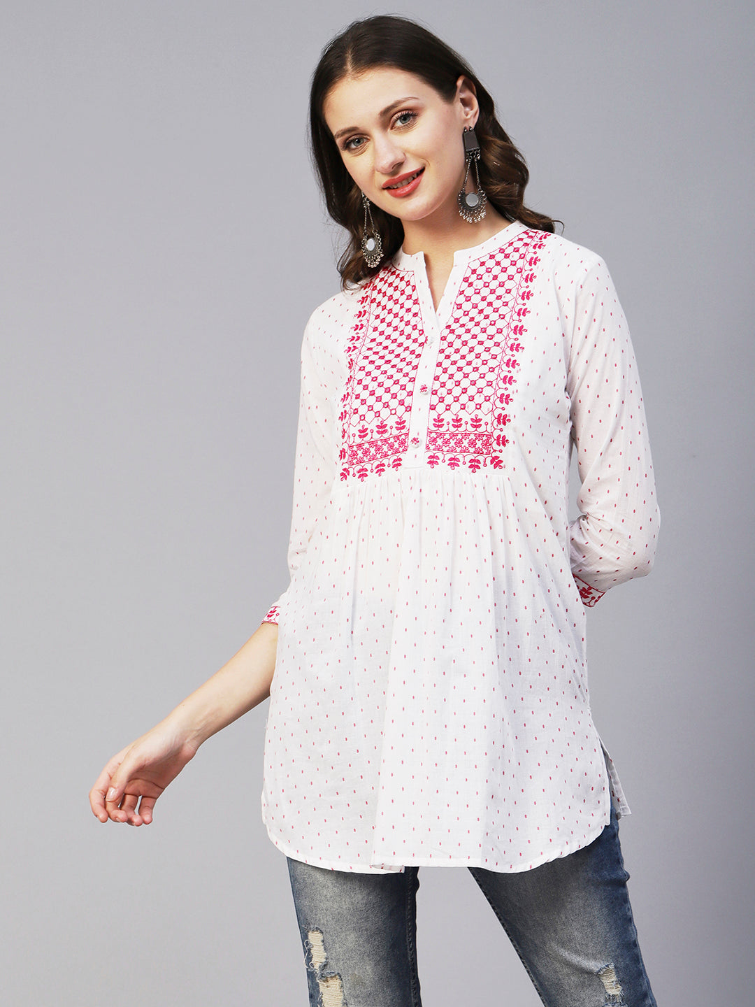 Woven Geometric Buti Design Resham & Mirror Embroidered Short Kurti - White & Pink