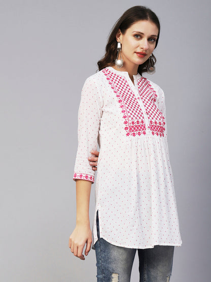 Woven Geometric Buti Design Resham & Mirror Embroidered Short Kurti - White & Pink