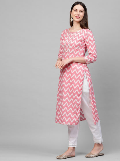 Chevron Printed & Zari Embroidered Kurta With Solid Pant & 2-Ply Mask - Pink