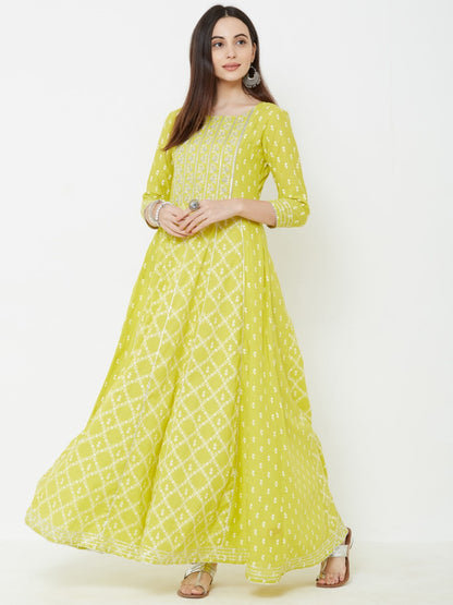 Silver Zari Embroidered & Gota Embellished Multi Panelled Maxi – Chartreuse Green