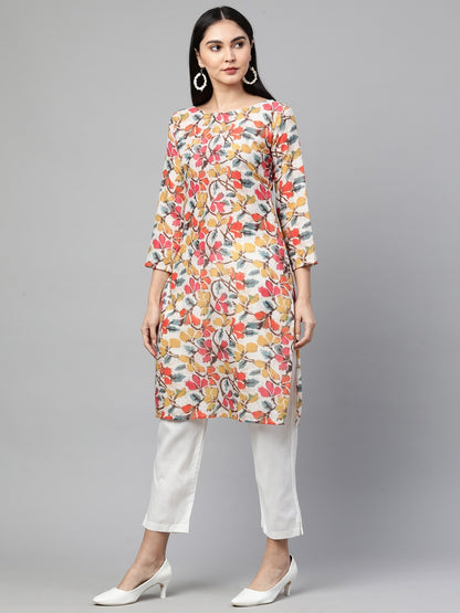 Floral Printed Kurta with Solid Pant – Beige