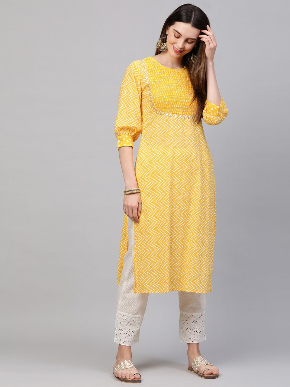 Gota Patti Embroidered & Smocked Bandhani Printed Kurta With Handcrafted Pant - Yellow