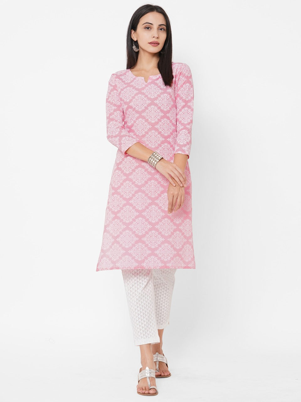 Ethnic Khari Printed Straight Kurta With Khari Printed Pant – Baby Pink