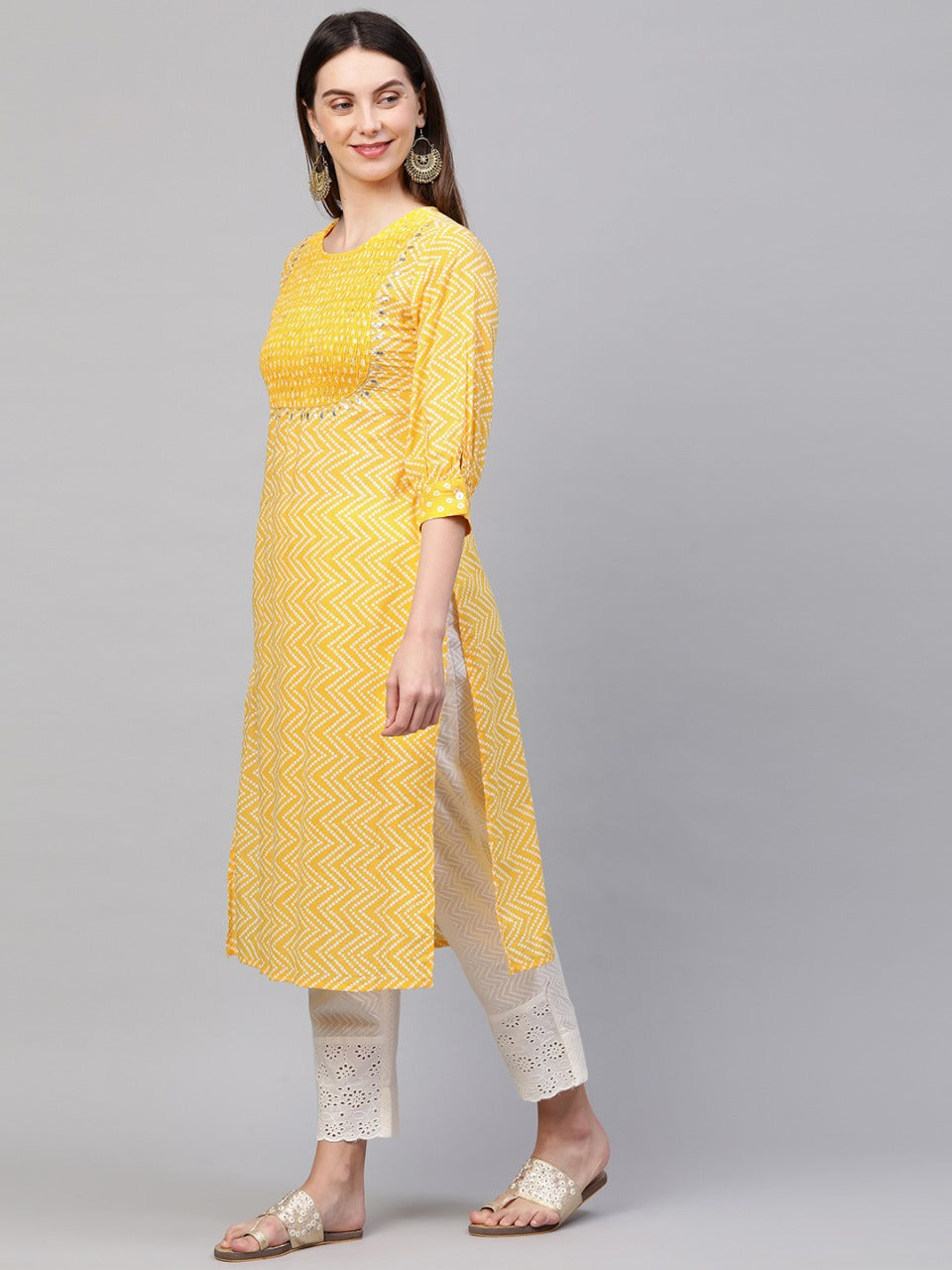 Gota Patti Embroidered & Smocked Bandhani Printed Kurta With Handcrafted Pant - Yellow