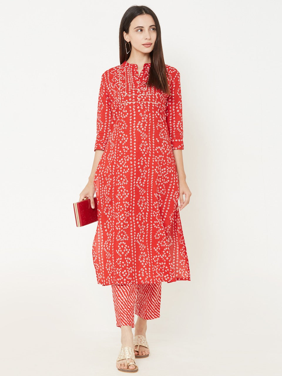 Bandhani Printed Kurta With Leheriya Ankle Pant - Red