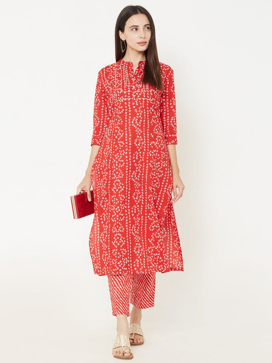 Bandhani Printed Kurta With Leheriya Ankle Pant - Red