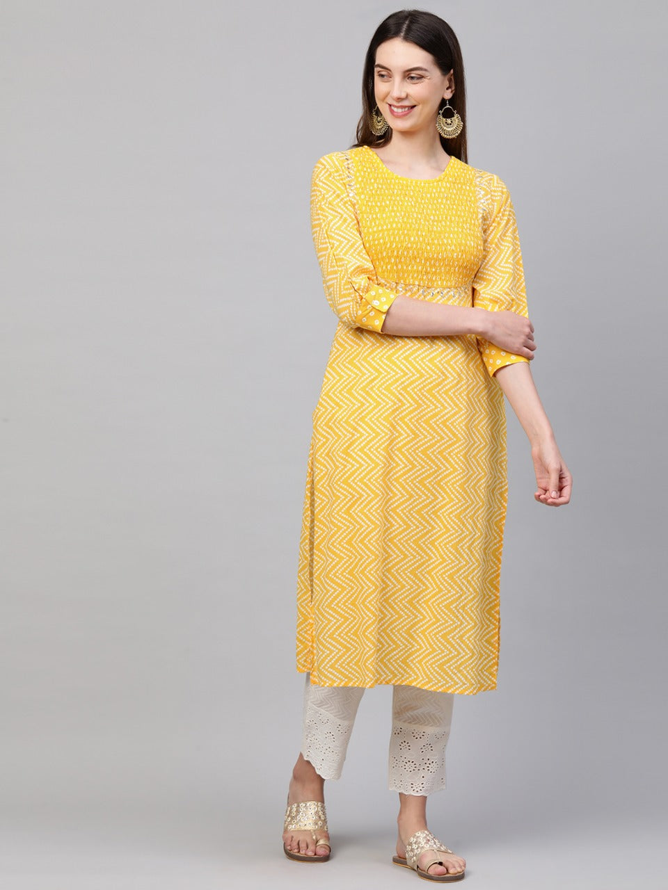 Gota Patti Embroidered & Smocked Bandhani Printed Kurta With Handcrafted Pant - Yellow