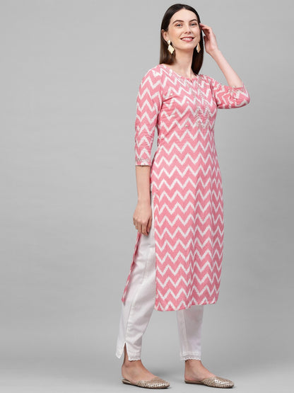 Chevron Printed & Zari Embroidered Kurta With Solid Pant & 2-Ply Mask - Pink