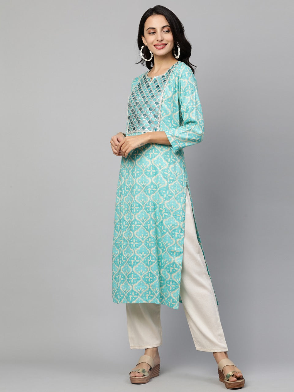 Embroidered & Printed Straight Kurta only - Cyan Blue