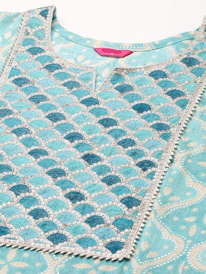 Embroidered & Printed Straight Kurta only - Cyan Blue