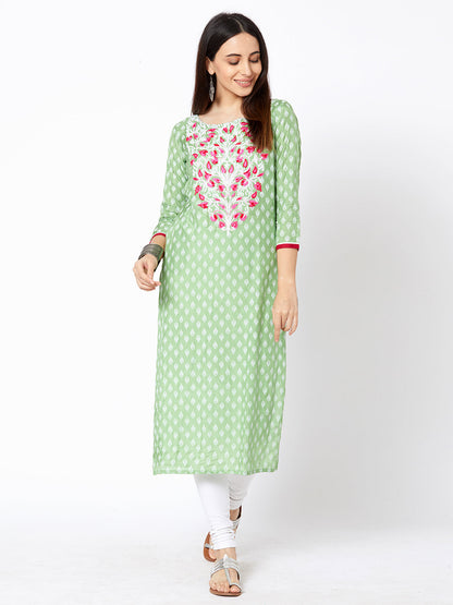 Ethnic Motif Printed & Embossed Chain Embroidered Kurta - Mint Green