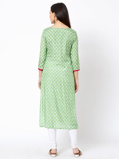 Ethnic Motif Printed & Embossed Chain Embroidered Kurta - Mint Green