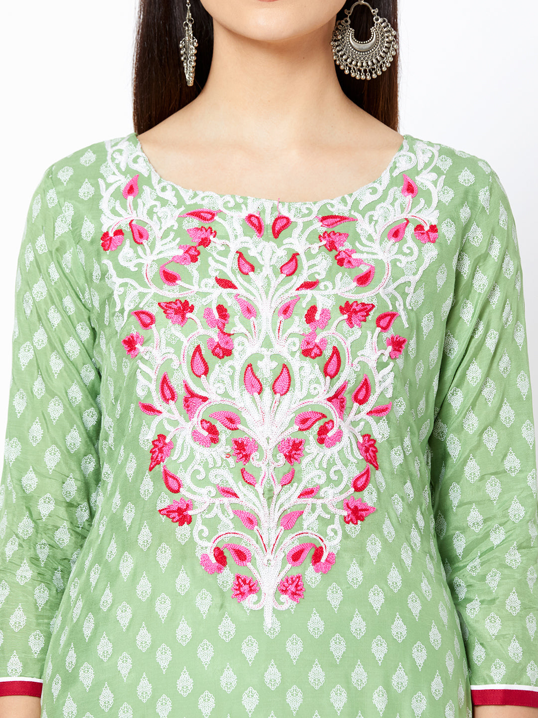 Ethnic Motif Printed & Embossed Chain Embroidered Kurta - Mint Green