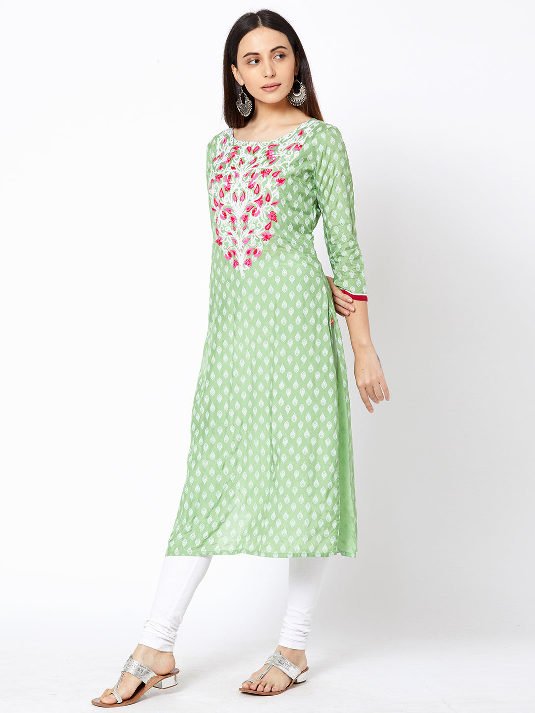 Ethnic Motif Printed & Embossed Chain Embroidered Kurta - Mint Green