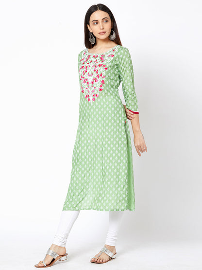 Ethnic Motif Printed & Embossed Chain Embroidered Kurta - Mint Green