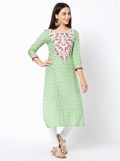 Ethnic Motif Printed & Embossed Chain Embroidered Kurta - Mint Green