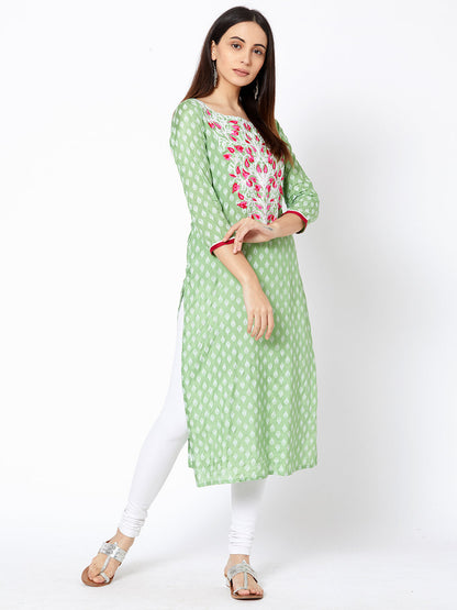 Ethnic Motif Printed & Embossed Chain Embroidered Kurta - Mint Green